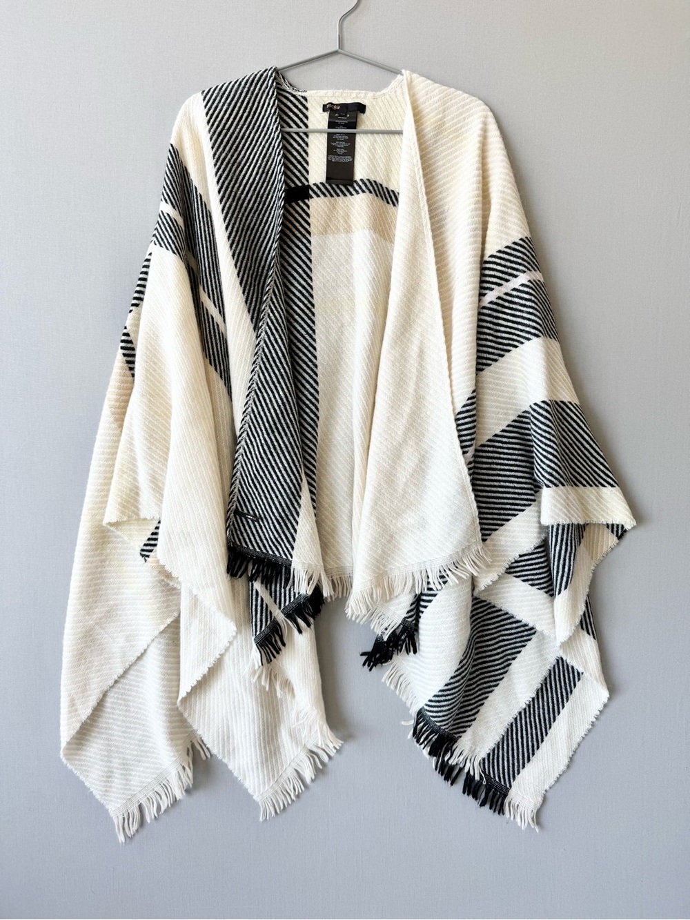 Maje Paris Fringe Knit Wool Blend Poncho Shawl with Stripes - Made in Italy